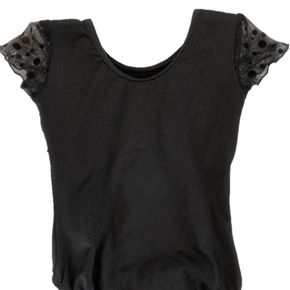 Black Leotard with Shimmery Polka Dot Mesh Ruffles and Flutter Sleeves - Picture 5 of 9